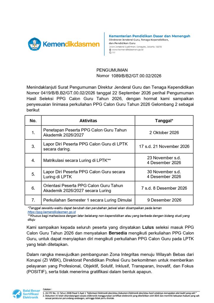 1089 pengumuman penyesuaian linimasa perkuliahan ppg calon guru tahun 2026 gelombang 2 page 0001
