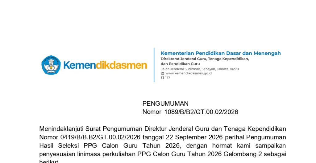 1089 pengumuman penyesuaian linimasa perkuliahan ppg calon guru tahun 2026 gelombang 2 page 0001