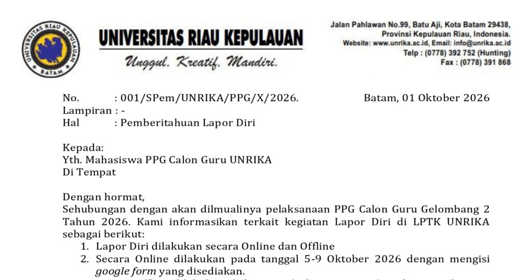surat pemberiahuan lapor diri ppg cg 2 2026 lptk unrika docx page 0001