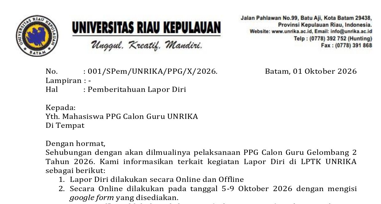 Surat Pemberiahuan Lapor Diri PPG CG 2-2026 LPTK UNRIKA Surat Pemberiahuan Lapor Diri PPG CG 2-2026 LPTK UNRIKA