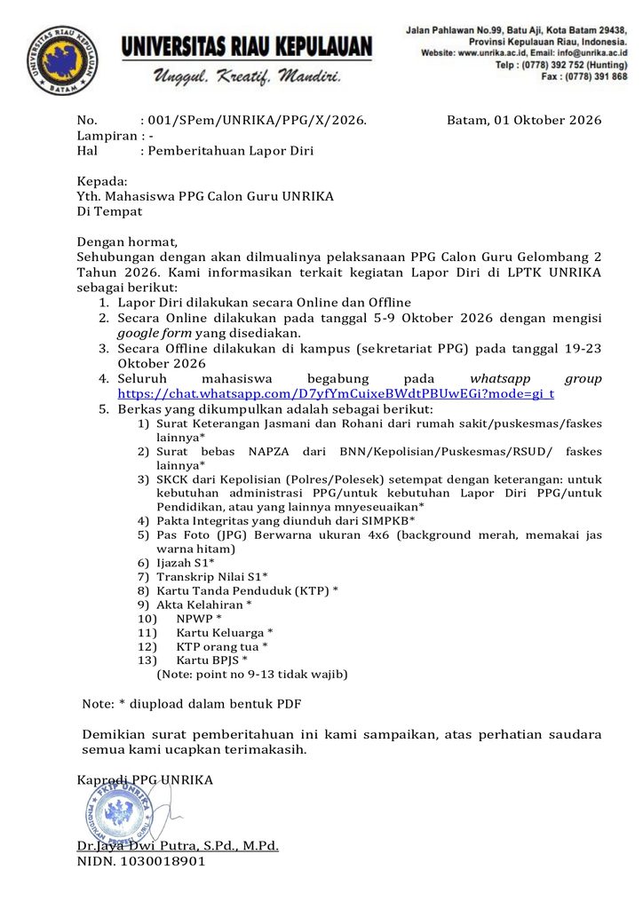 surat pemberiahuan lapor diri ppg cg 2 2026 lptk unrika docx page 0001